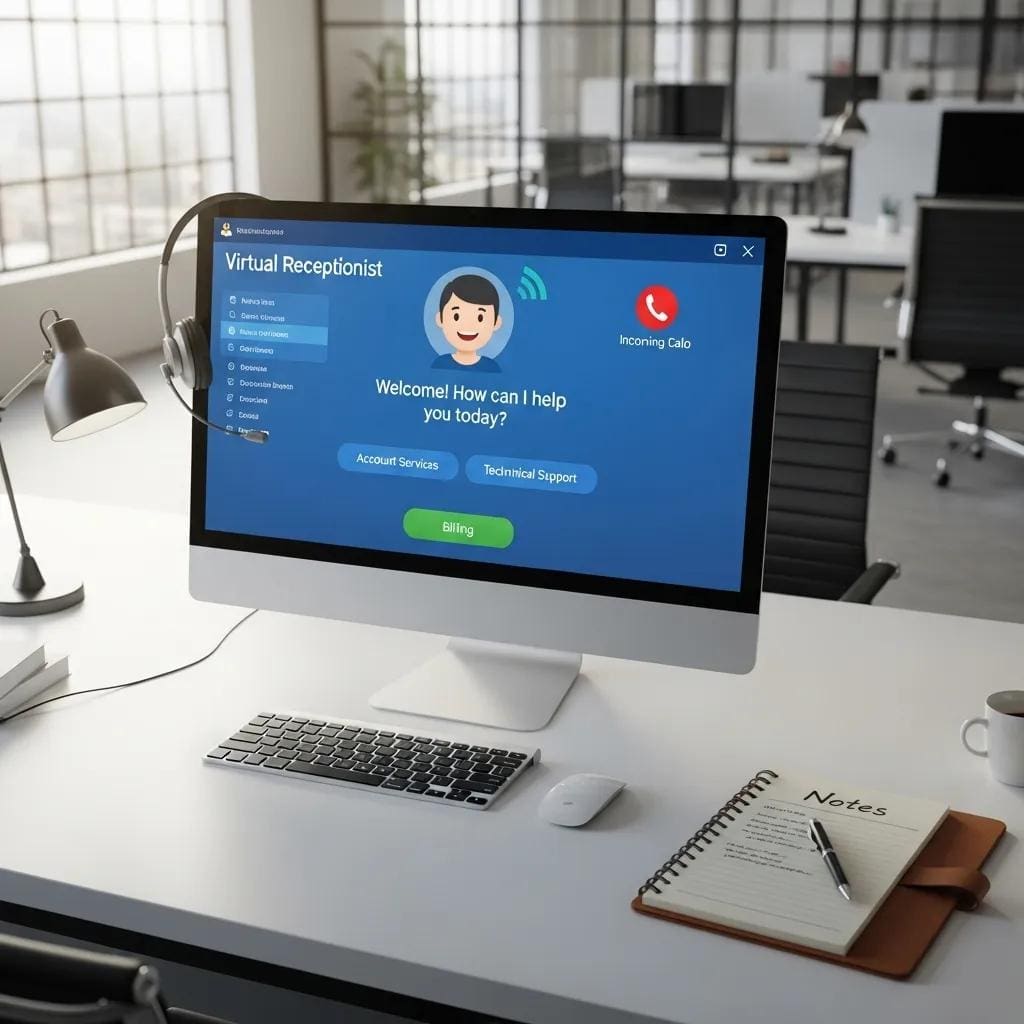 Virtual receptionist interface on a computer screen in a modern office, representing automated call answering benefits