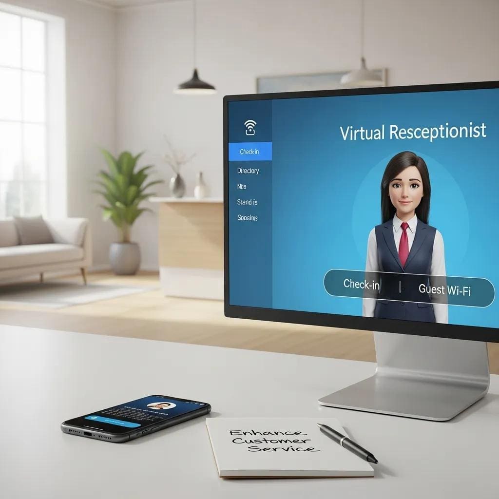 Virtual receptionist interface on a computer screen, showcasing advantages of modern customer service solutions