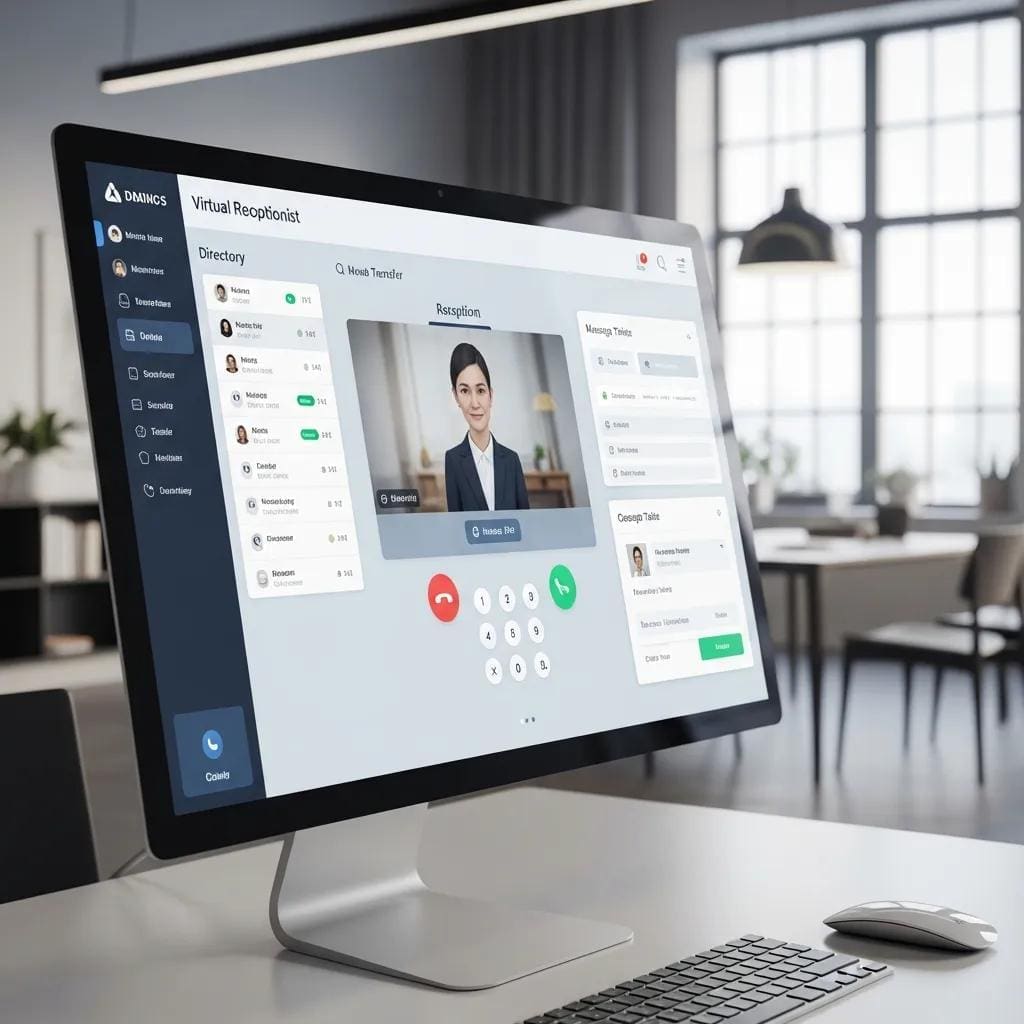 Virtual receptionist interface showcasing AI call answering solutions in a modern office