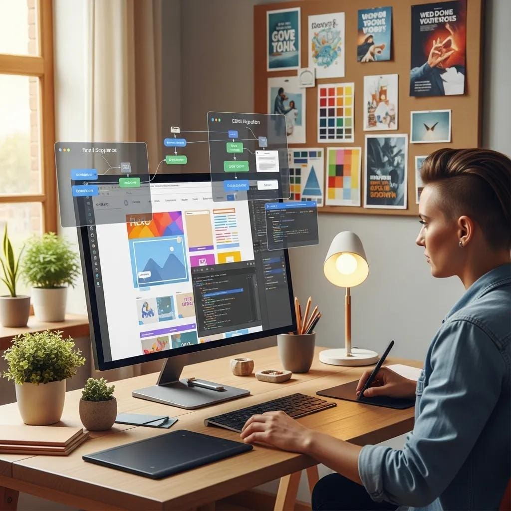 Web designer creating a custom website layout for business automation