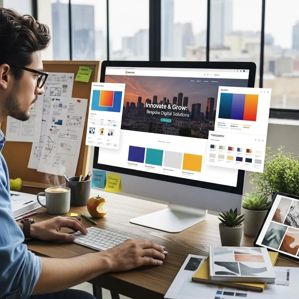 Web designer creating a custom website layout, illustrating web design solutions