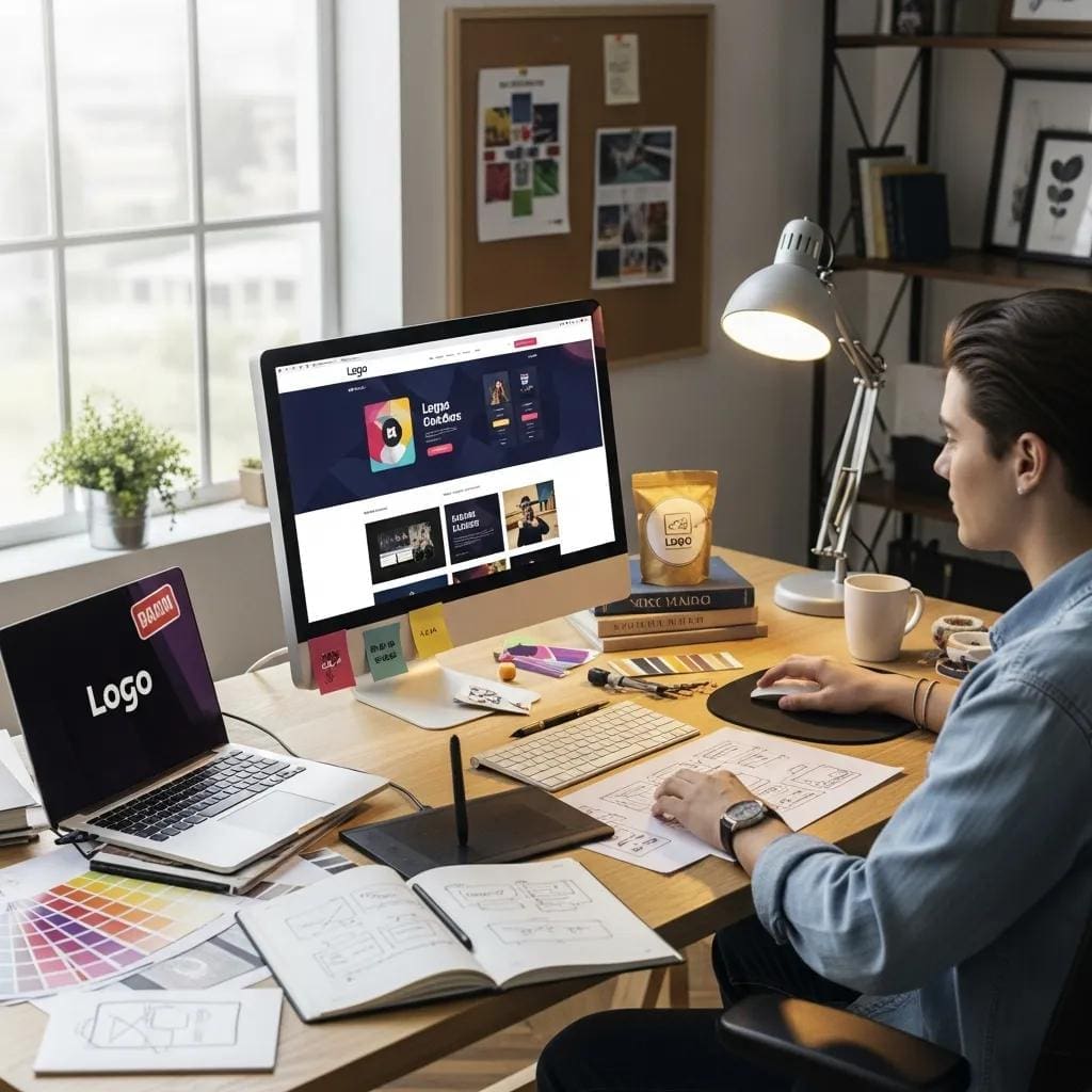 Web designer creating a custom website layout in a bright workspace