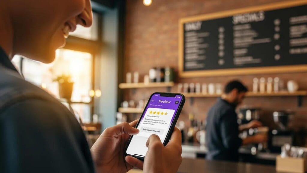 Customer leaving a positive review on a mobile device in a local café setting