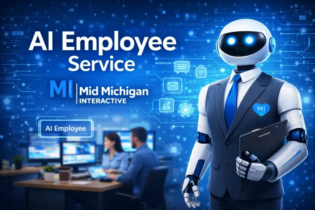 A humanoid robot in a suit with a clipboard, surrounded by digital icons and office workers.