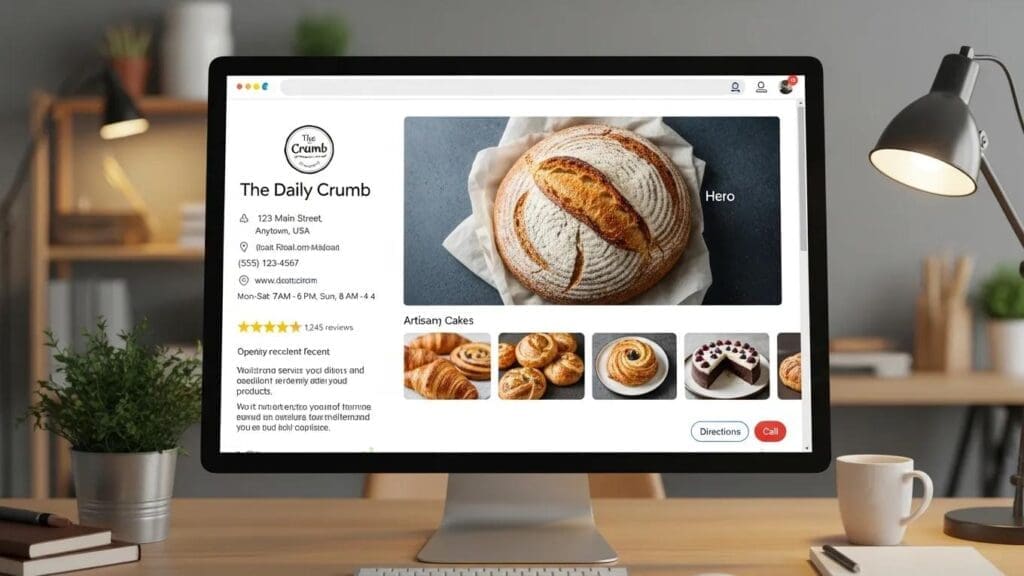 Optimized Google My Business profile on a computer screen, showcasing local business information and customer engagement