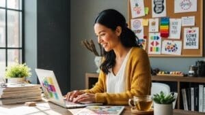 Small business owner designing a website in a cozy office, emphasizing creativity and professionalism