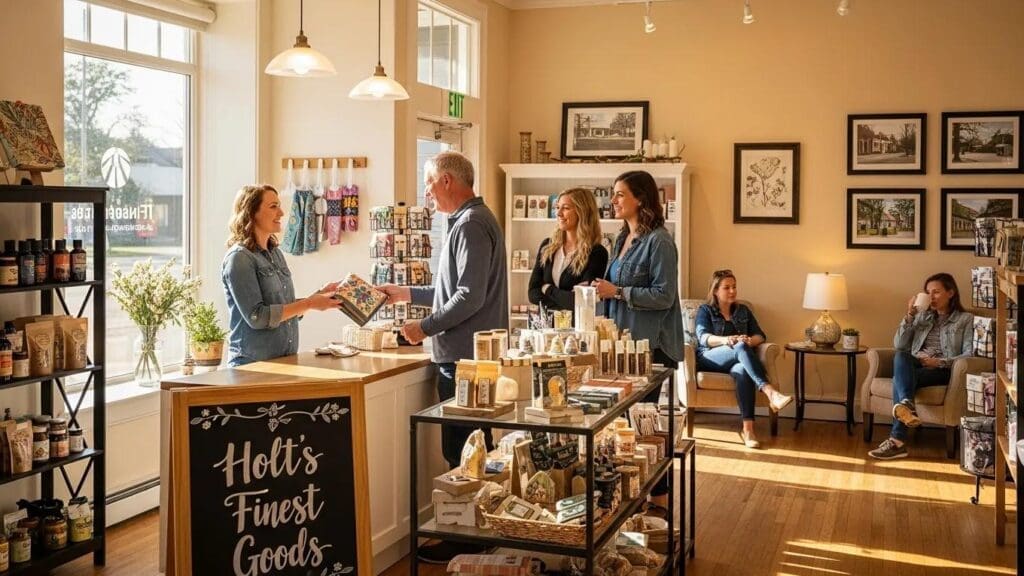 Small business owner engaging with customers in a local shop in Holt, MI, emphasizing community and local SEO strategies