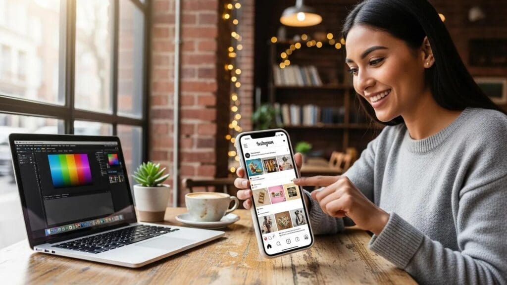 Small business owner engaging with Instagram on a smartphone in a café, highlighting social media marketing