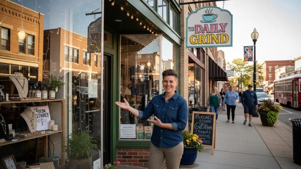 Small business owner in East Lansing in front of their shop, representing local SEO strategies