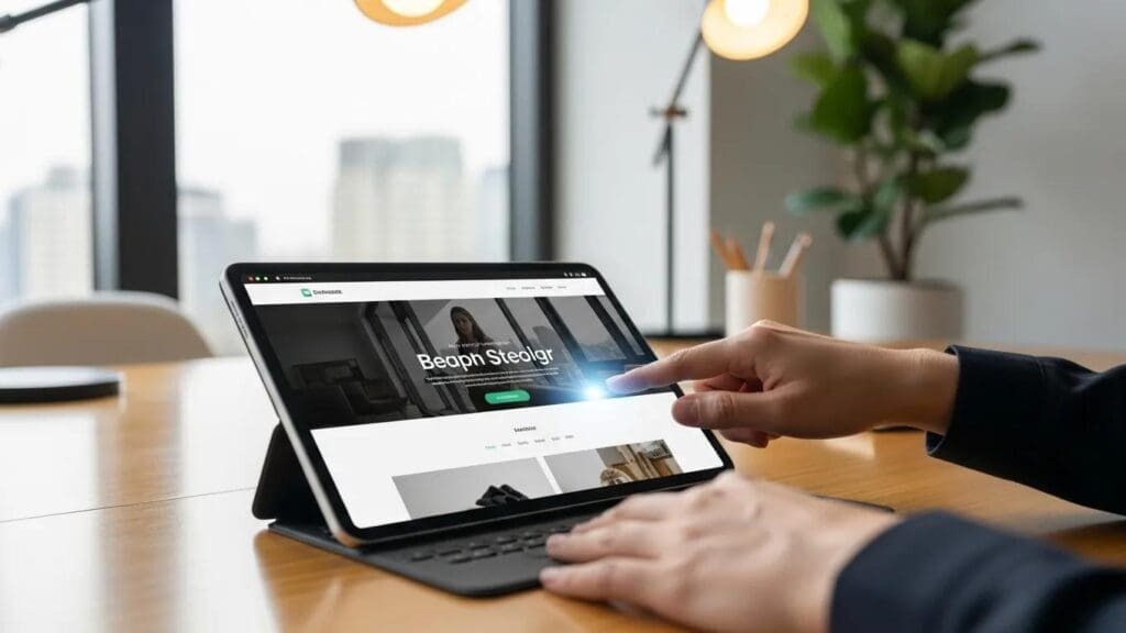 User engaging with a well-designed website on a tablet, illustrating the concept of user-centric design