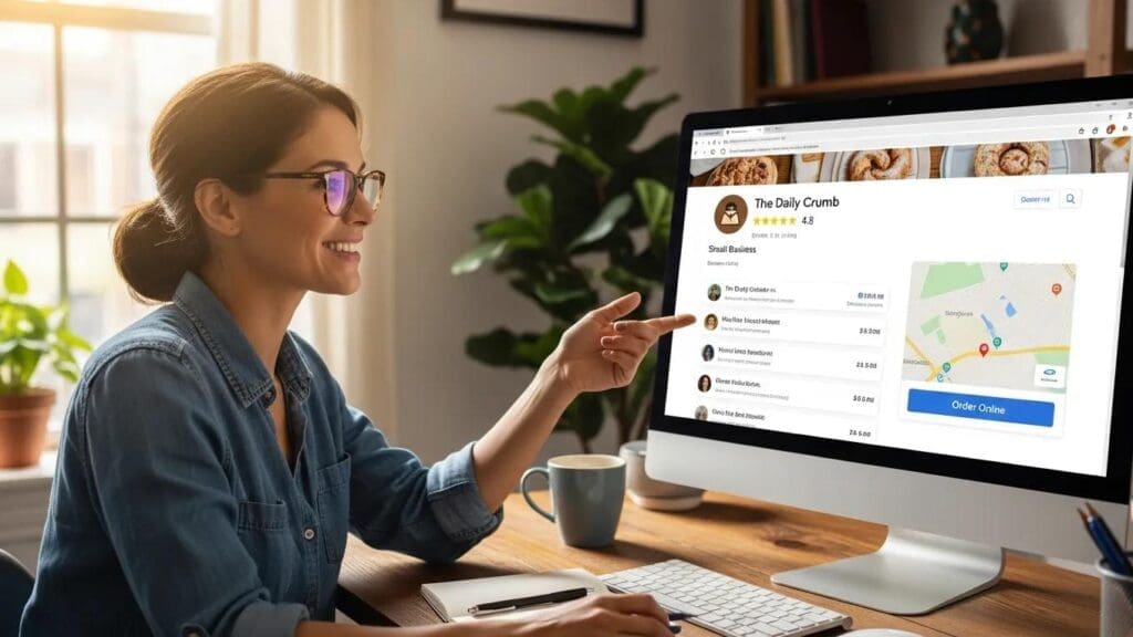 Business owner optimizing Google My Business profile in a cozy office setting