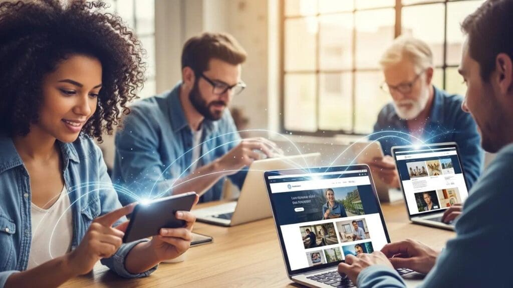 Diverse group of users accessing a responsive website on multiple devices