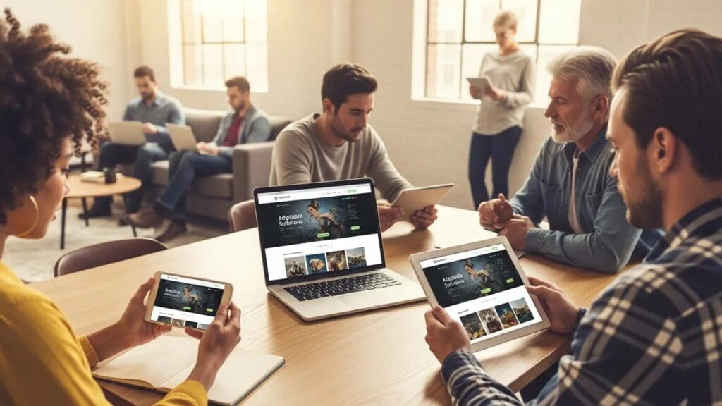 Diverse users engaging with a responsive website on multiple devices