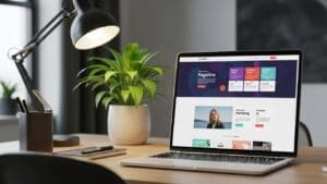 Modern laptop displaying a professional website design in a cozy office setting