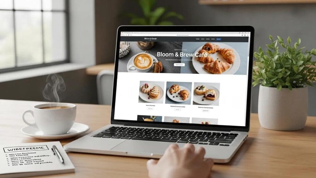 Modern workspace with a laptop showing a custom website design, emphasizing expert website design services