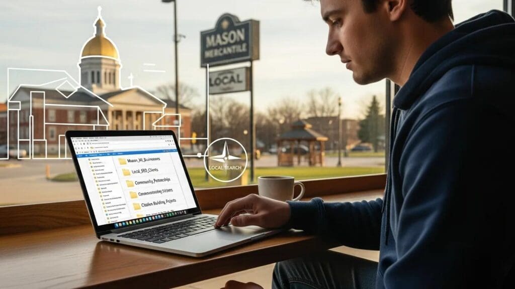 Person building local citations on a laptop with Mason, MI landmarks in the background