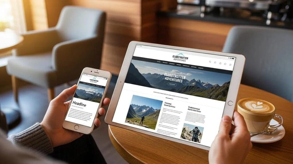 Person using smartphone and tablet to browse a responsive website in a café, highlighting mobile optimization