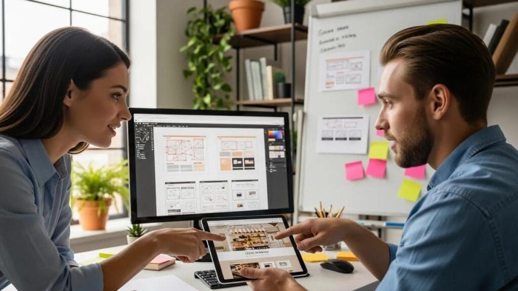 Small business owner collaborating with a web designer on custom website development