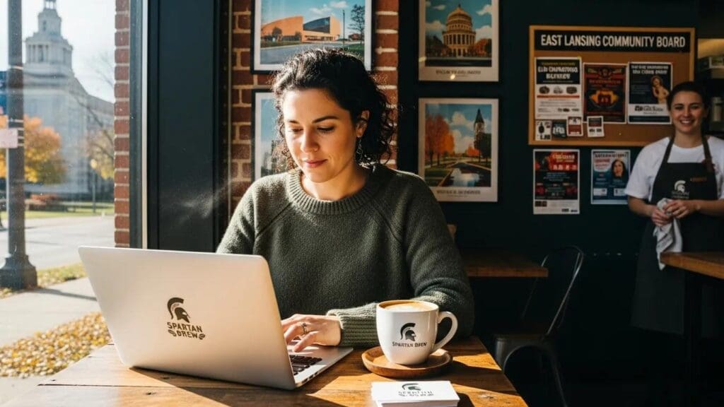 Small business owner designing a website in a cozy East Lansing café
