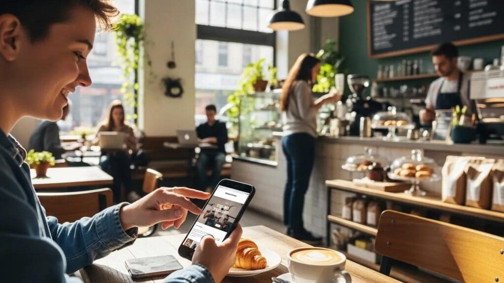 Customer enjoying a seamless experience on a mobile website in a café, illustrating benefits of effective web design