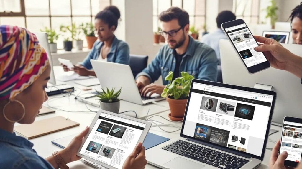 Diverse individuals accessing a responsive website on different devices in a modern workspace, showcasing user engagement
