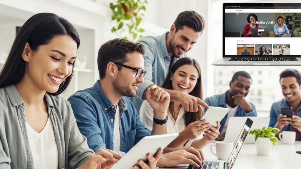Diverse users engaging with a website on multiple devices, showcasing user experience