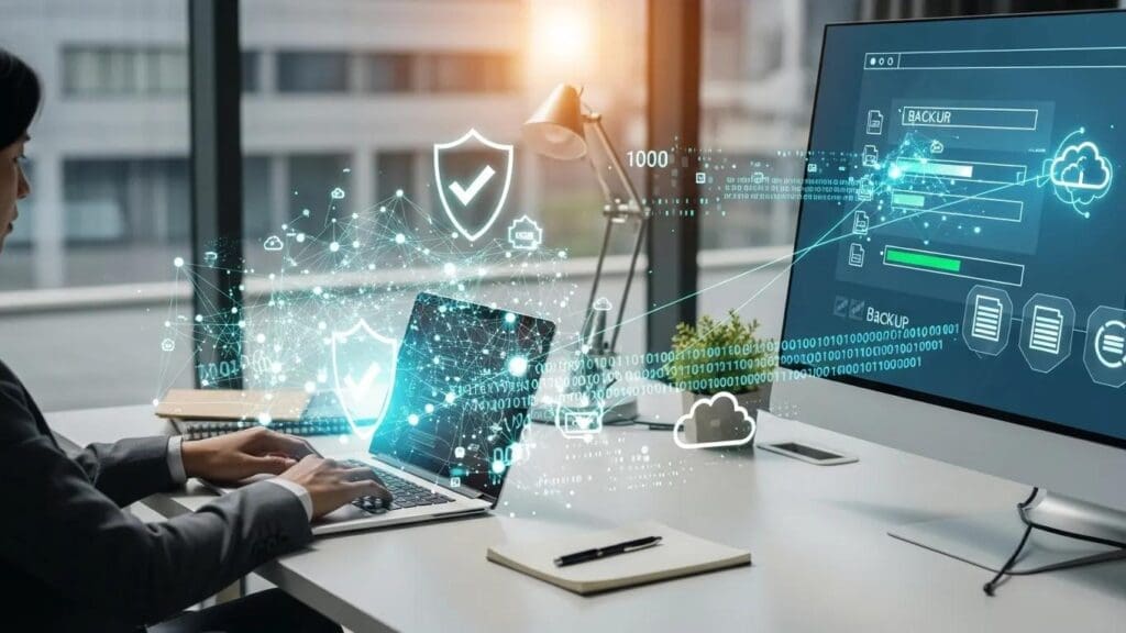 Modern office with a person working on a laptop, symbolizing website backup strategies and data security