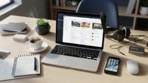 Modern workspace with a laptop showing WordPress dashboard and maintenance tools