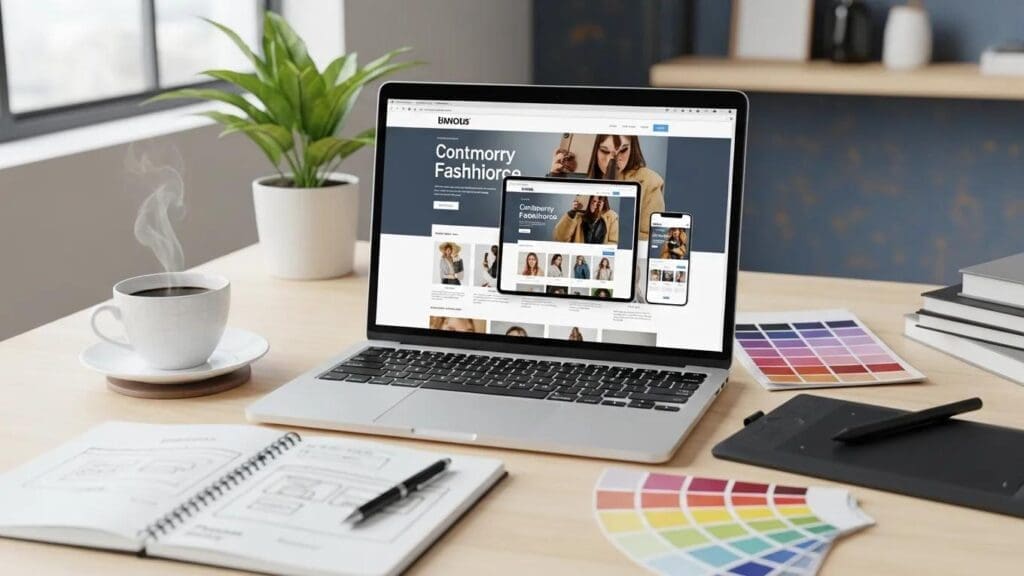 Modern workspace with laptop showing responsive website design and creative tools