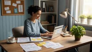 Small business owner designing a website in a cozy office, emphasizing affordable web design solutions