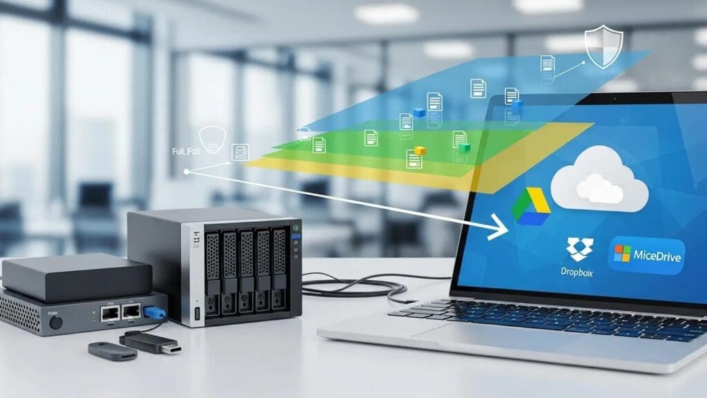 Visual representation of different website backup solutions including cloud storage and local backups